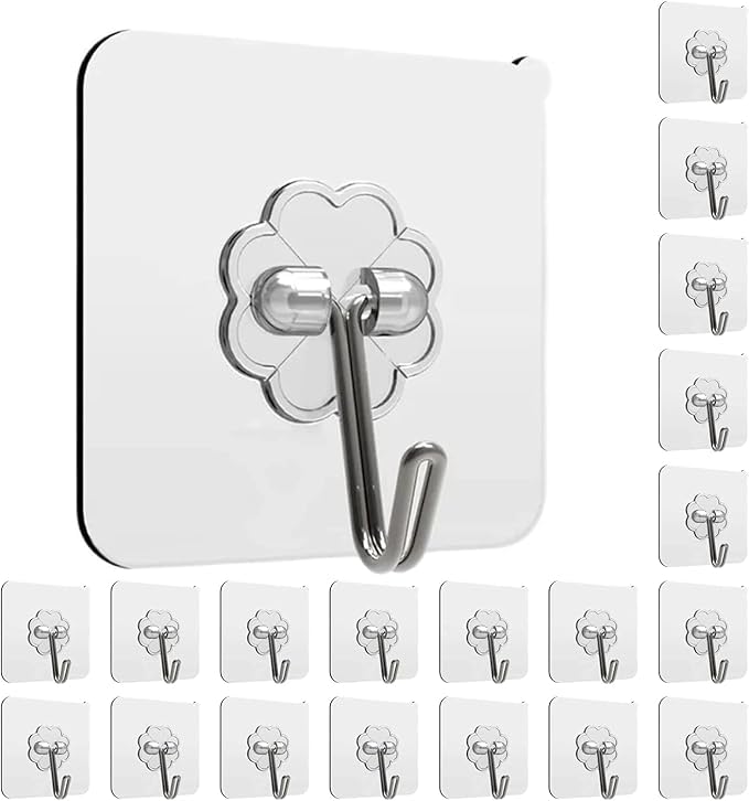 Rudra Adhesive Stronger Plastic Wall Hooks Hangers, Waterproof Stick for Kitchen Bathroom Shower Door Outdoor Home Improvement Utility Hook -20 Pcs Transparent - Hardware, Tools and Home Safety | Buy online on ZillyBuy