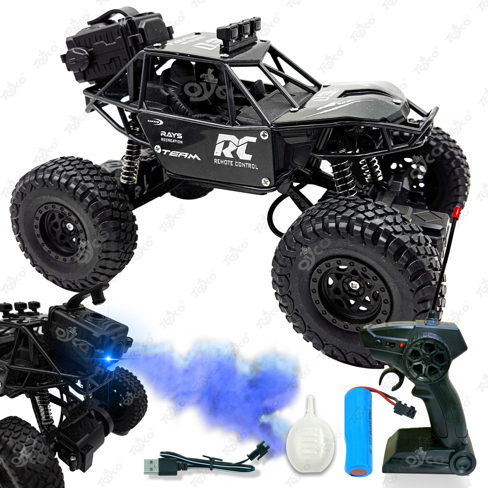 TOYCO Alloy Rock Crawler - Rechargeable Remote Control Car with LED Smoke Effect and Anti-Slip Tyres, 1:18 Scale | Off-Road Monster Truck/Car Gift for Kids Boys and Girls Age 4+ (Black) - Toys and Games | Buy online on ZillyBuy