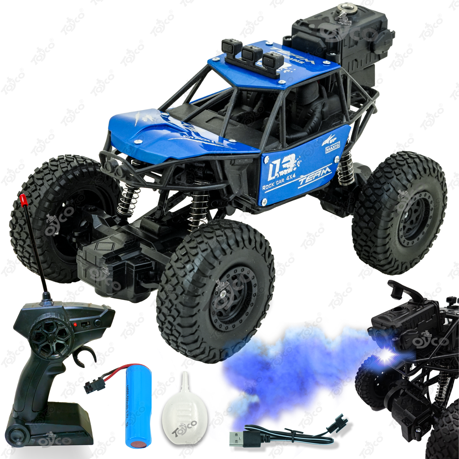 TOYCO 1:18 Alloy Rock Crawler - Rechargeable RC Car with Water Spray System, LED Smoke Effect & Anti-Slip Tires | Off-Road Toy Truck/Car Gift for Boys Age 4+, Blue - Toys and Games | Buy online on ZillyBuy