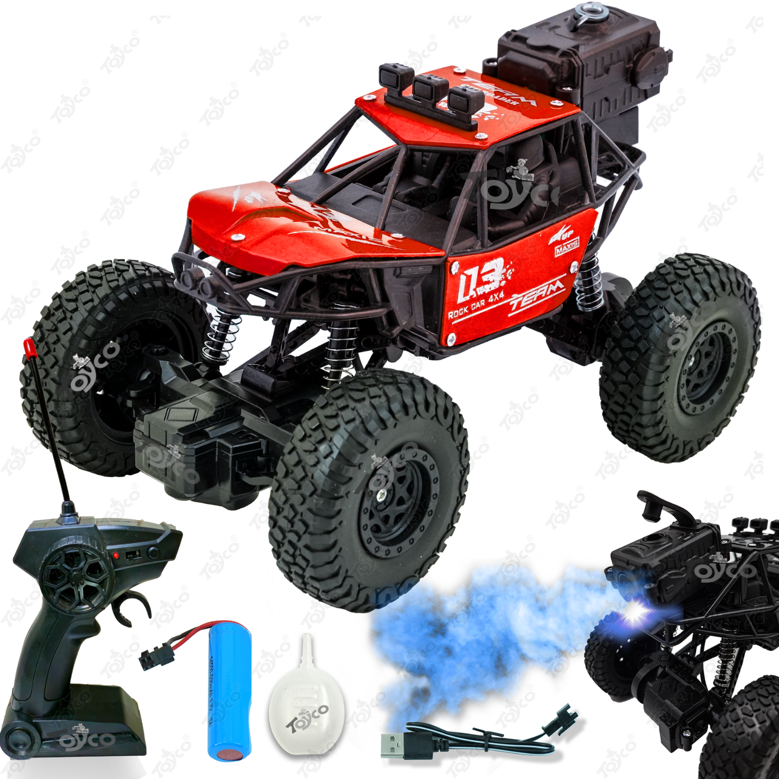 TOYCO 1:18 Alloy Rock Crawler - Rechargeable RC Car with Water Spray System, LED Smoke Effect & Anti-Slip Tires | Off-Road Toy Truck/Car Gift for Boys Age 4+, RED - Toys and Games | Buy online on ZillyBuy