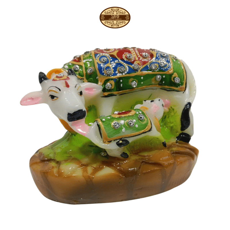Handcrafted Cow and Calf Marble Statue, 12cm x 8cm x 8.5cm - Pooja Needs | Buy online on ZillyBuy