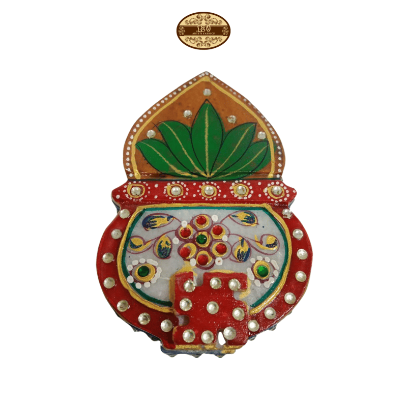 Handmade Marble Meenakari Chopda Kalash, 13cm x 8cm x 3cm, Red with Green and Pearl Embellishments - STYLE-2 - Pooja Needs | Buy online on ZillyBuy