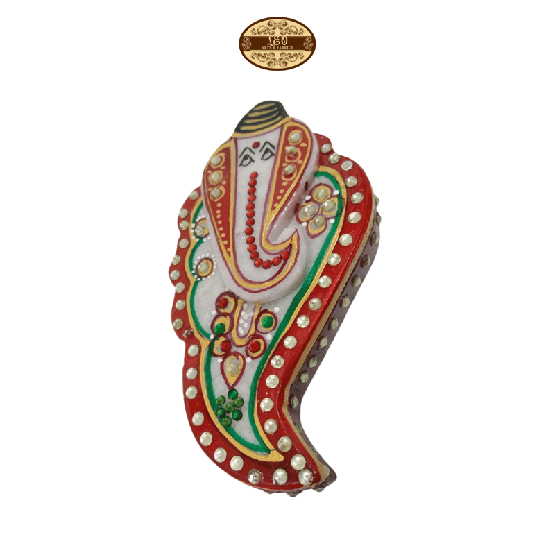 Handmade Marble Meenakari Chopda Ganapati Figurine, 13cm x 8cm x 3cm - Pooja Needs | Buy online on ZillyBuy