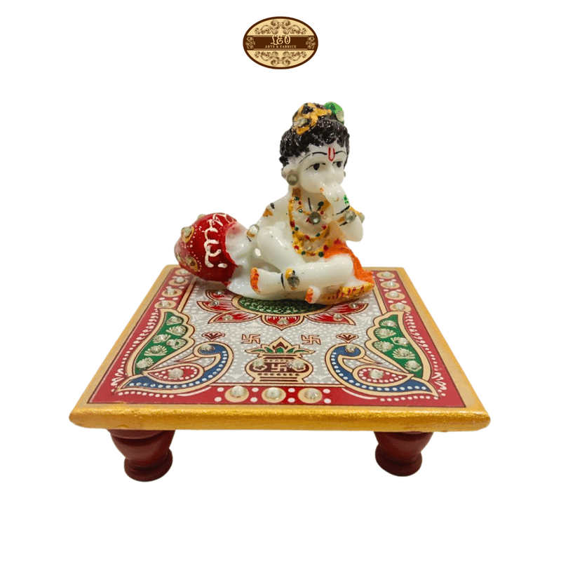 Handcrafted Marble Chowki with Krishna Idol, 10 x 10 x 3 cm Chowki, 8 x 4 x 7 cm Krishna Idol - Pooja Needs | Buy online on ZillyBuy