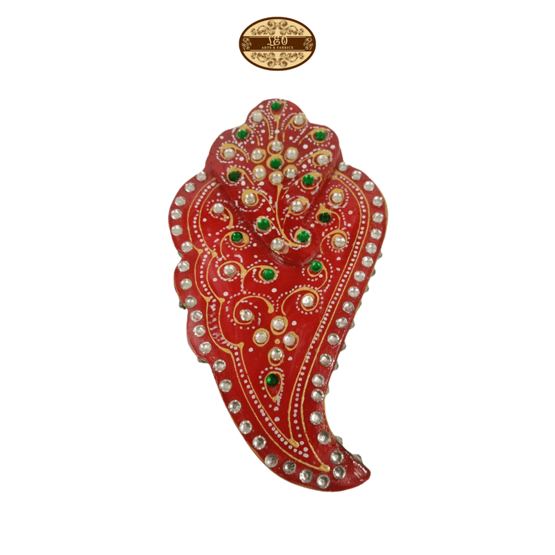 Handmade Marble Meenakari Ganapati Chopda, 13cm x 8cm x 3cm, Red with Green and Pearl Embellishments - STYLE-1 - Pooja Needs | Buy online on ZillyBuy