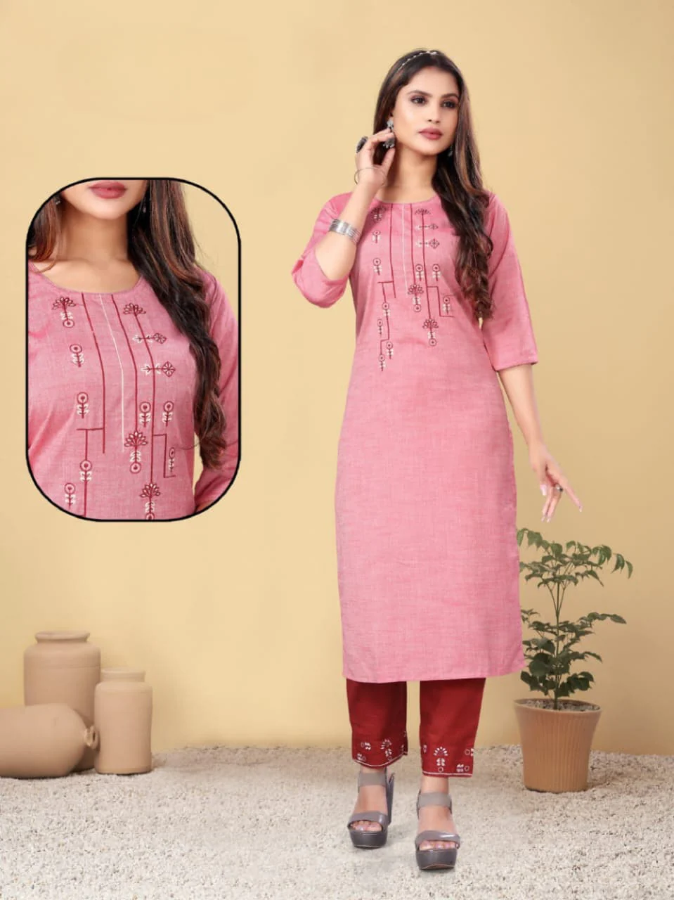 PickCell Woman Sanaya Embroidery Work Long Kurti with Bottom - Kurtis, Tunics | Buy online on ZillyBuy