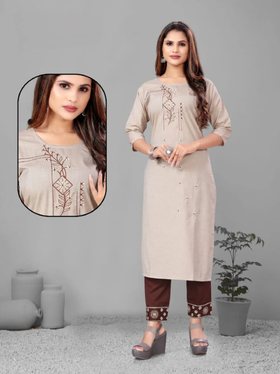 PickCell Woman Sanaya Embroidery Work Long Kurti with Bottom - Kurtis, Tunics | Buy online on ZillyBuy