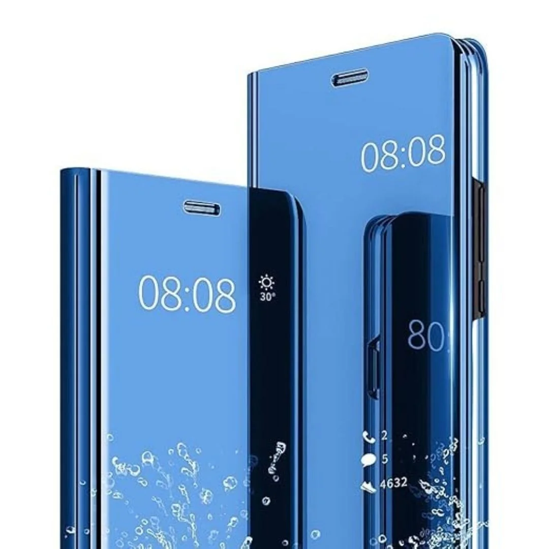 OnePlus 7T Clear View Electroplate Mirror Protective Leather Flip Cover with Glass  Premium, Stylish, and Durable Case for Ultimate Protection and Functionality. curious blue