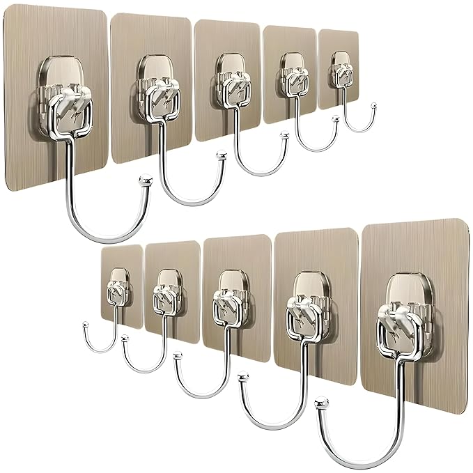 JIALTO 10 PCS Large Adhesive Hooks for Wall Heavy Duty Waterproof Wall Hooks for Hanger Hooks, Stainless Steel Towel and Coats Wall Hook to Use Inside Kitchen, Bathroom, Home and Office alabaster