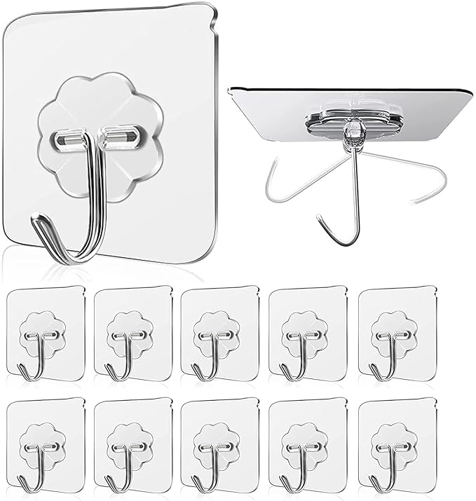 JIALTO Adhesive Hooks Kitchen Wall Hooks-Heavy Duty 13.2lb(Max) Nail Free Sticky Hangers with Stainless Hooks Reusable Utility Towel Bath Ceiling Hooks-10 pcs alabaster