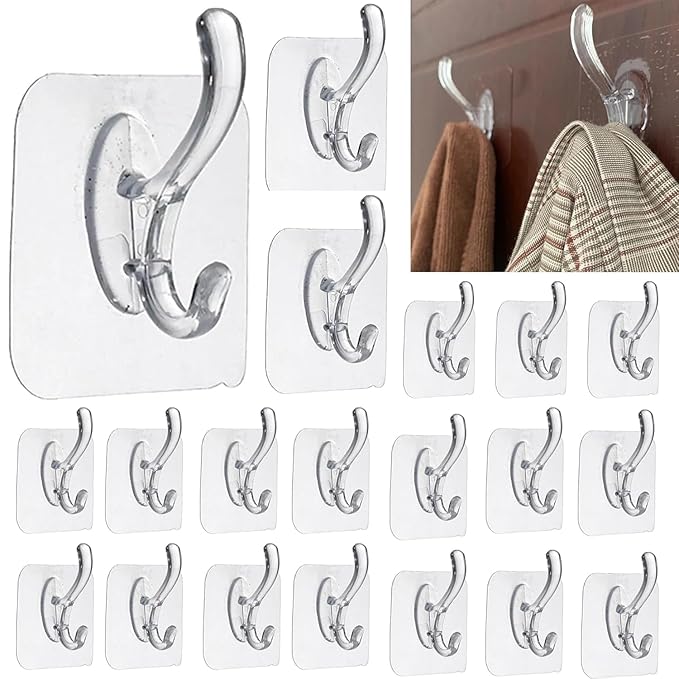 JIALTO 20 Pcs Self Adhesive Wall Hook for Hanging Clothes S Hooks Waterproof Adhesive Sticky Square Hooks | Hanging Capacity 2 KG Max | Multipurpose Home Storage Hook (Transparent Hook 20 Pcs) rose white