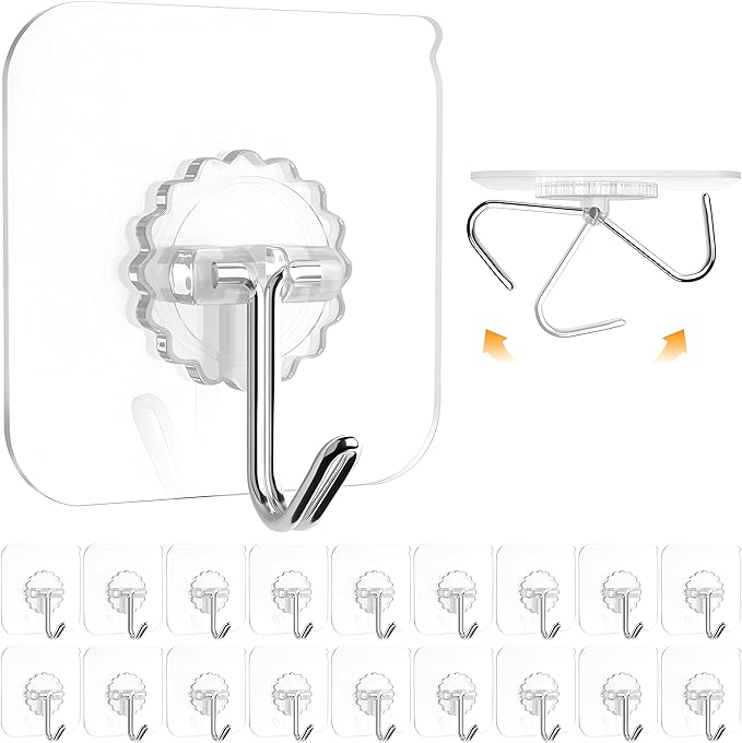 JIALTO 20 Pcs Adhesive Wall Hooks Heavy Duty Transparent Wall Hooks - Versatile Adhesive Hangers for Clothes, Kitchen Accessories, and More - for Wall Without Drilling white
