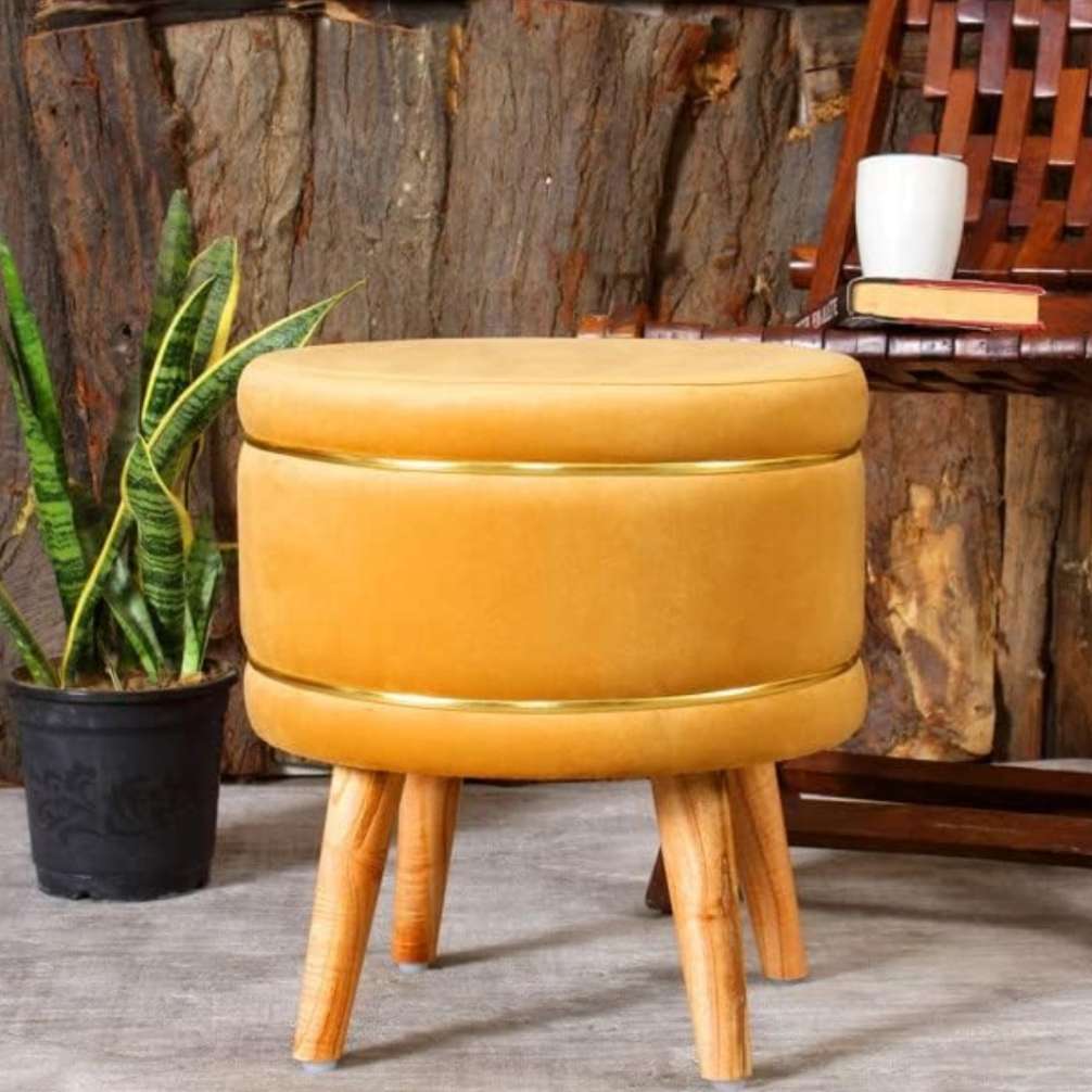 Pouffes Sitting Stool For Living Room, Mudda Puffy Wooden Ottoman Stools, Pouffe Footstool 16X16X18 Inch, Mustard mustard