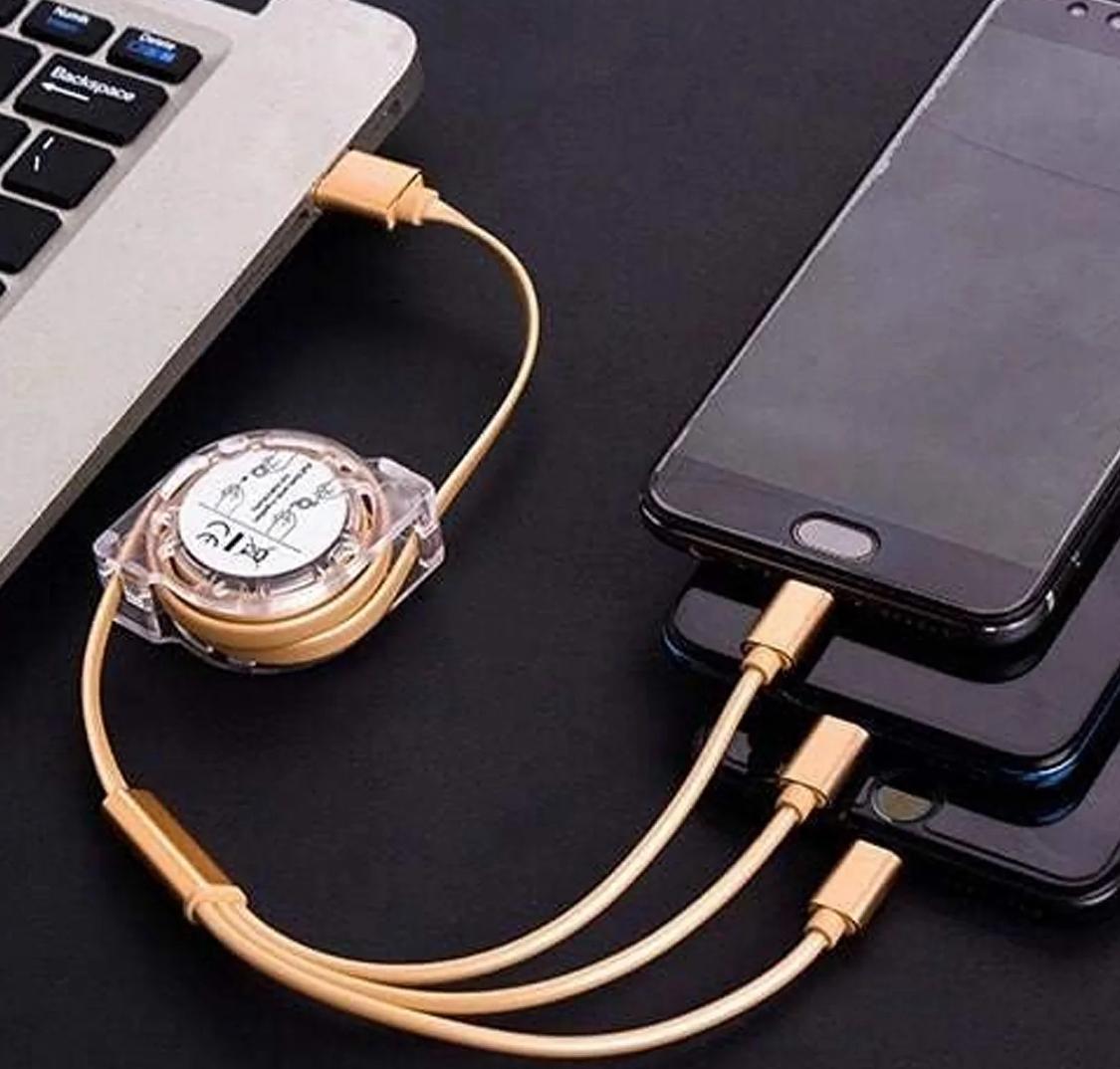 Retractable Charger Charging Cable, Micro USB Cable, 3 in 1, Multi Charging Cable, Compatible with Phone / Type C / Micro Android USB and Other Mobile Devices (1 Pc) gold