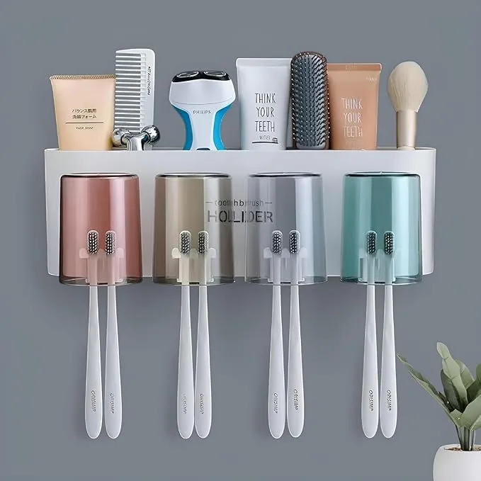 ELEGAR Wall Mounted Tooth Brush Holder for Bathroom with 2 Mouthwash Cups Bathroom Toothbrush Organizer | Multi-Compartment, Dustproof & Bathroom Storage (Toothbrush Holder 4) alabaster