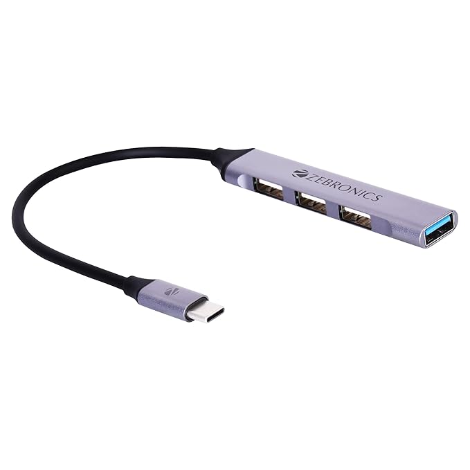 ZEBRONICS TA200U Type C to USB 3.0 4 Port hub with Hi Speed Data Transfer, Aluminum + ABS Body, 15cm Cable, Sleek Design and Plug Play Usage