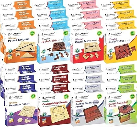 Braintastic Wooden Puzzle,Travel Board Game Learning & Creative Educational Intelligence Brain Games, Pack of 24(3x8 DIY) for Birthday Return Gifts Party Pack with Travel Pouch for All Age Group - Toys and Games | Buy online on ZillyBuy