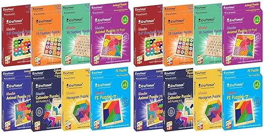 Braintastic Wooden Assorted Jigsaw Puzzle, Pack of 16(2 Each of 8 Different Puzzles), Birthday Return Gifts, Party Pack, Return Favors for Kids-4+ yrs(12 Colors per Puzzle) - Toys and Games | Buy online on ZillyBuy