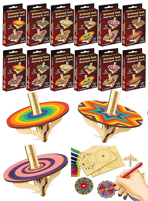 Funvention DIY Spinning Top Kits (Mandal Art) Pack of 12 - Build, Color, Play, Art & Craft Coloring Activity Birthday Return Gifts Party Pack Return Favors for Kids (2 Tops & 8 Colors Per Pack) - Toys and Games | Buy online on ZillyBuy