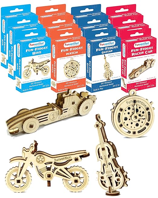 Funvention Fun Fidgets Assorted (3 x 4 DIY Miniature Mechanical Models Bike, Car, Guitar & Watch) Pack of 12 - Birthday Return Gifts Party Pack Return Favors for Kids Art & Craft STEM Learning Toys - Toys and Games | Buy online on ZillyBuy