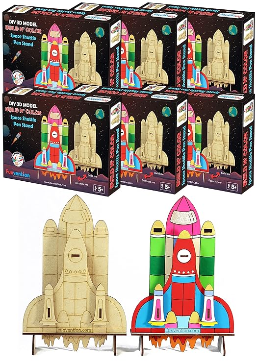 Funvention Space Shuttle - 3D Coloring Model (Pack of 6) - DIY Desk Organizer Pen Stand - STEM Leanring 3D Puzzle Toy - Art, Coloring and Painting Kit for Kids - Birthday Return Gift,Kids Party Pack - Toys and Games | Buy online on ZillyBuy