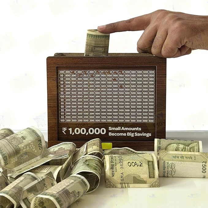Braintastic Wooden Money Saving Box/Gullak/Piggy Bank with 1 Lakh Rupees Numbers Diaplay & Carved Design for Adults, Kids - Toys and Games | Buy online on ZillyBuy