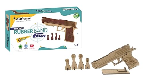 Kraftsman Semi-Automatic Wooden Rubber Band Shooting Gun Toys for Kids & Adults with Target | 5 Rapid Fire Shots (Beige) - Toys and Games | Buy online on ZillyBuy