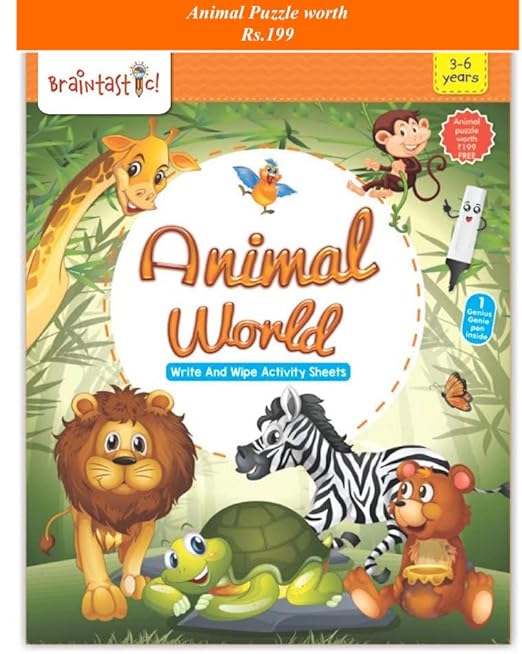 Braintastic Educational Game (3-6 yrs):Animal World / Kids Toys/Write & Wipe Activity Sheets/ Free 12 pc Puzzle inside - Toys and Games | Buy online on ZillyBuy