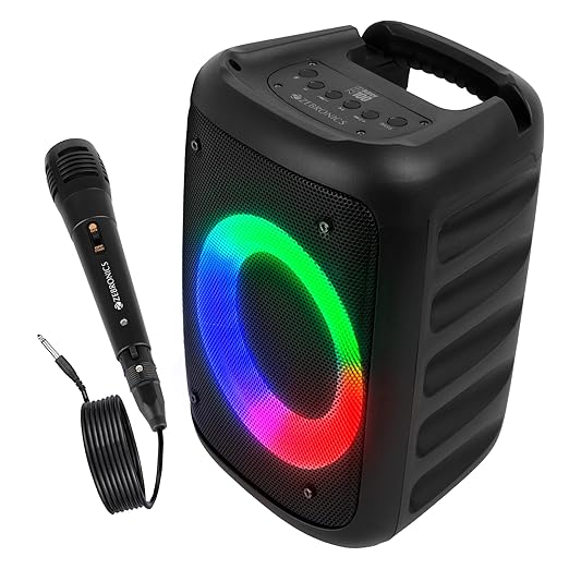ZEBRONICS Zeb-Buddy 100 Portable BT v5.0 Speaker with TWS, 20W RMS, Wired mic Karaoke, 5H Backup, RGB LED, AUX, USB, Micro SD, Built in Rechargeable Battery and Mobile Holder, Black black