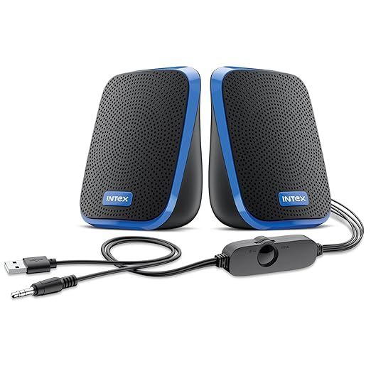 Intex IT-120 2.0 Channel Desktop Speaker with 10W Powerful Sound, USB Powered, 3.5mm Jack, in-Line Volume Control, Loud & Compact Design, Portable for Laptop, Computer, Mobile  Blue allports