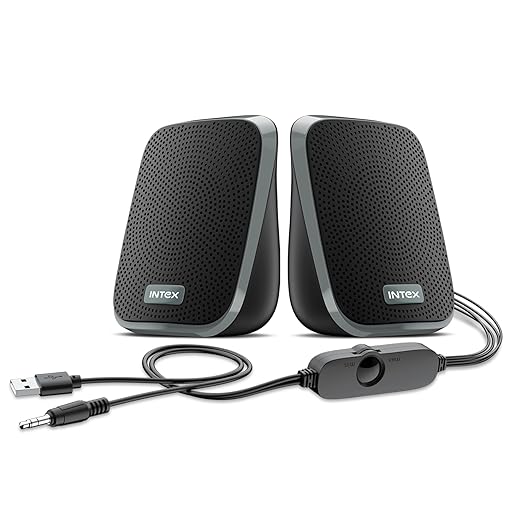 Intex IT-120 2.0 Channel Desktop Speaker with 10W Powerful Sound, USB Powered, 3.5mm Jack, in-Line Volume Control, Loud & Compact Design, Portable for Laptop, Computer, Mobile  Grey dusty gray