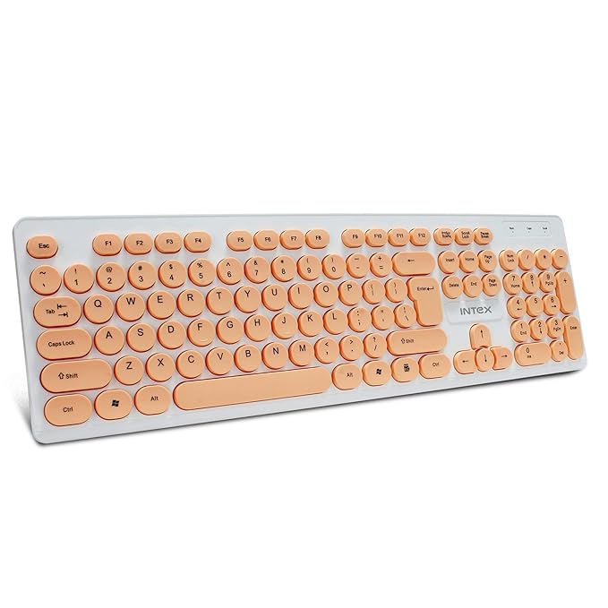 Intex Classy Wired Keyboard with 8 Million Keystrocks | Anti-Slip | Durable and Strong ABS Material | Retractable Stand | UV Coated Colour Keys | 1.45m Cable (White & Orange) orange