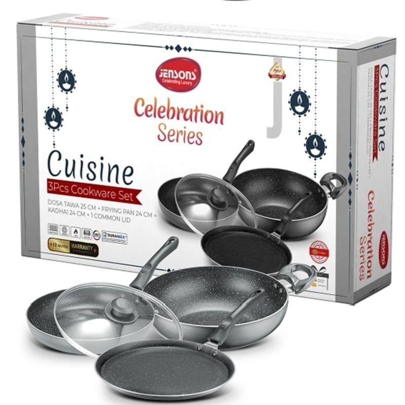 Jenson's Celebration Series 3 Piece Cookware Set with Dosa Tawa, Frying Pan, Kadhai, and Common Lid - Cookware | Buy online on ZillyBuy