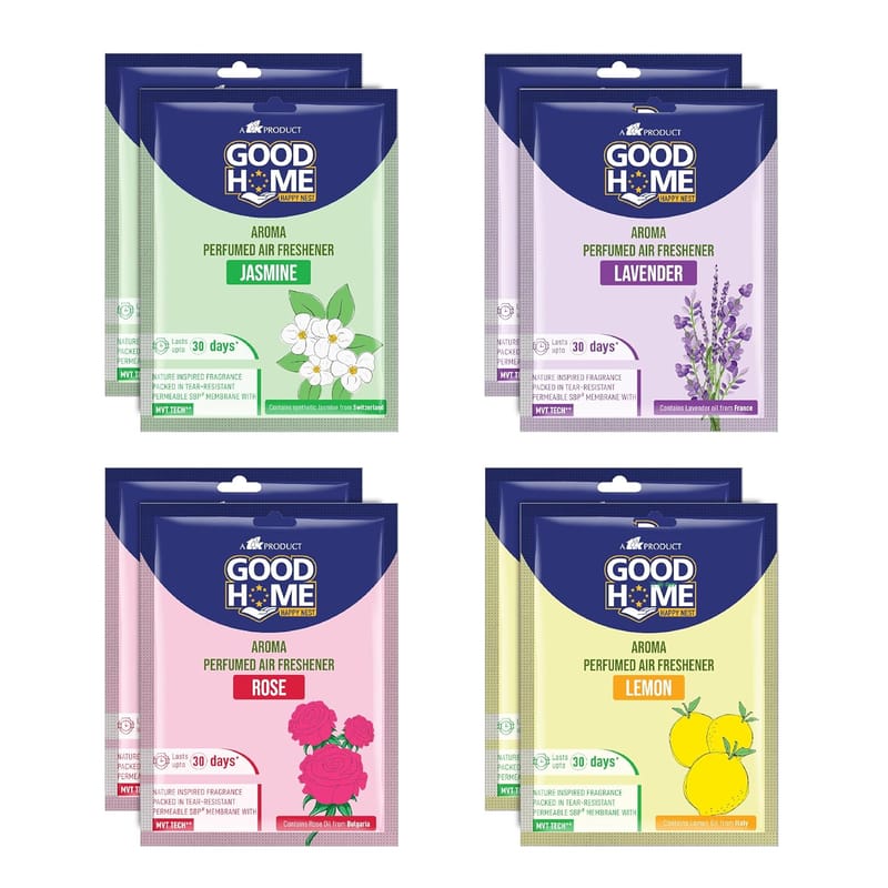 Good Home Aroma Perfumed Air Freshener Assorted Fragrance of Citrus, Rose, Jasmine, Lavender | For Bathroom, Car & Wardrobe | Lasts Up to 30 days (pack of 8)80Gg - Fresheners and Repellents | Buy online on ZillyBuy