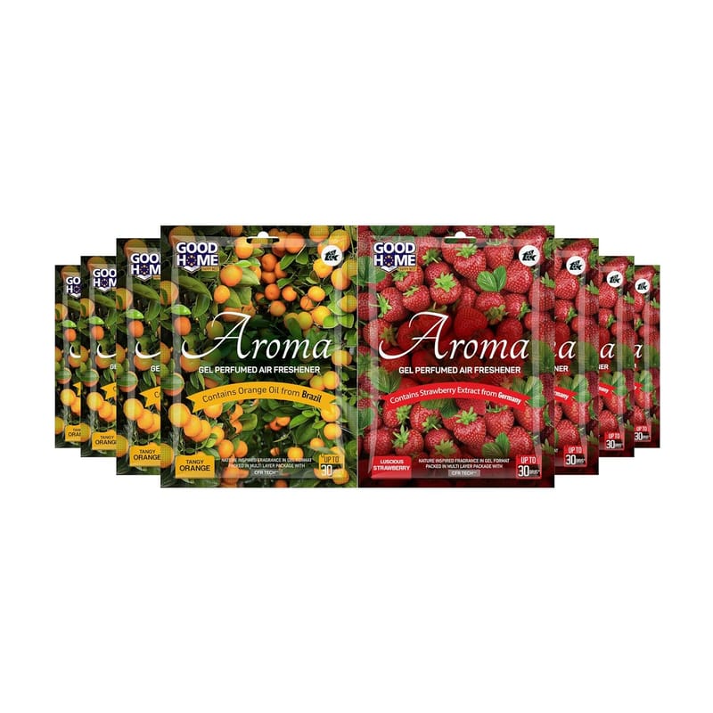 Good Home Aroma Gel Air Freshener, 4+4 Pack, Tangy Orange and Luscious Strawberry, Contains Orange Oil from Brazil and Strawberry Extract from Germany, Nature Inspired Fragrance in Gel Format, Packed in Multi Layer Package with CFR Tech, Up to 30 Days - Fresheners and Repellents | Buy online on ZillyBuy
