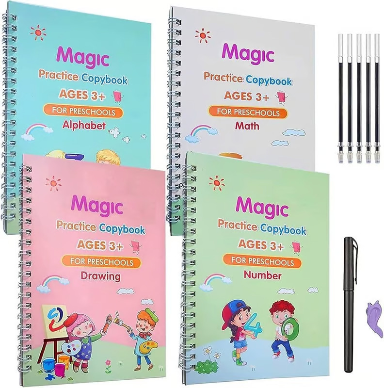 (4 Book+10 Refill) Magic Practice Copybook for Kids Reusable Number & Letter Tracing Books Drawing & Math Practice Books Print Handwriting Workbook for Beginners Preschoolers - Stationery | Buy online on ZillyBuy