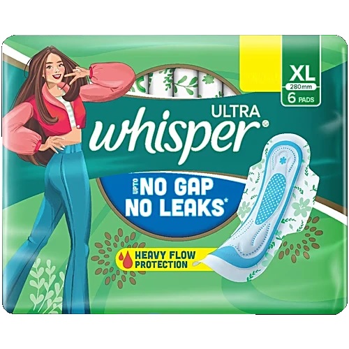 Whisper Ultra Sanitary Pads - For Heavy Flow, XL, 6 pcs