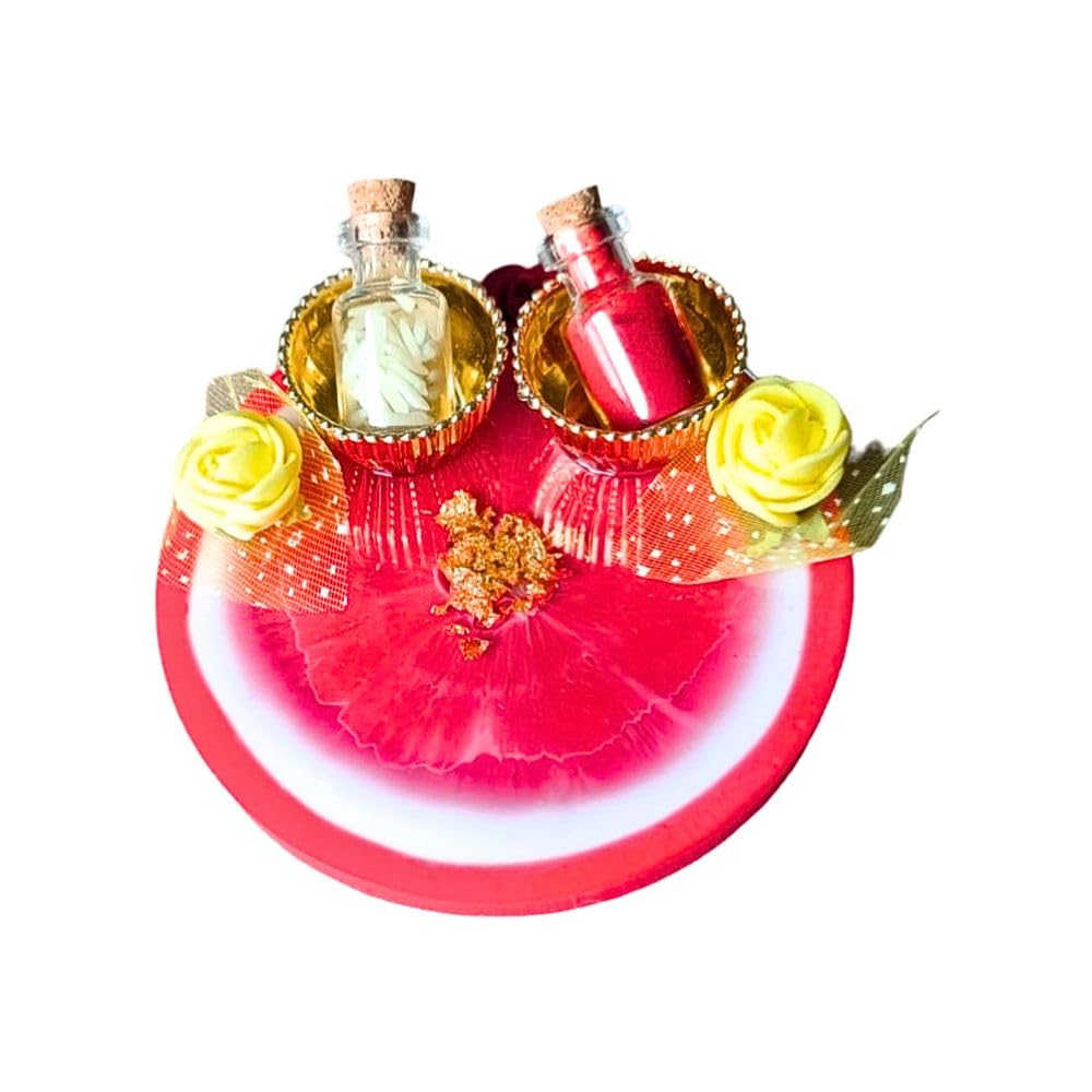 ART2ARTIST Handmade Decorative Resin Pooja thali Set, for Wedding, Mandir| Handmade Arti Thali, Resin Thali, Home Decor, Diwali Thali 8 Inch (Red) - Pooja Needs | Buy online on ZillyBuy