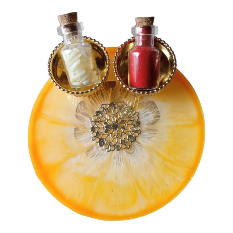 ART2ARTIST Handmade Tilak Platter | Pooja Tilak Thali | Roli Chawal Plate for Wedding Gift, Rakhsha Bhandhan, Bhai Dooj Decorative Platter Set for Laxmi/Ganesh Pooja (Orange) 4 Inch - Pooja Needs | Buy online on ZillyBuy