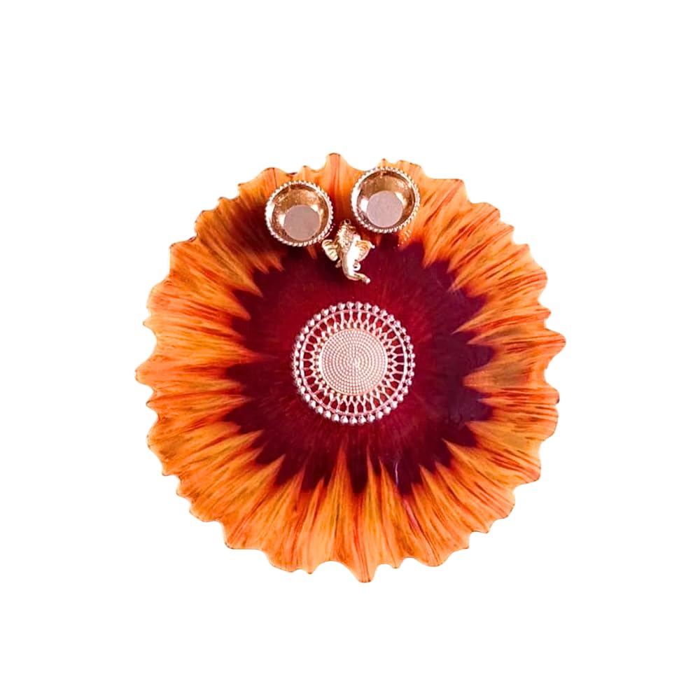 ART2ARTIST Handmade Pooja Thali with Kumkum Holder Decorative Rakhi Thali|Engagement Thali|Rakshabandhan Thali|Tilak Thali Aarti Thali |Wedding Return Favour Items 8 Inch (Orange&Red) - Pooja Needs | Buy online on ZillyBuy