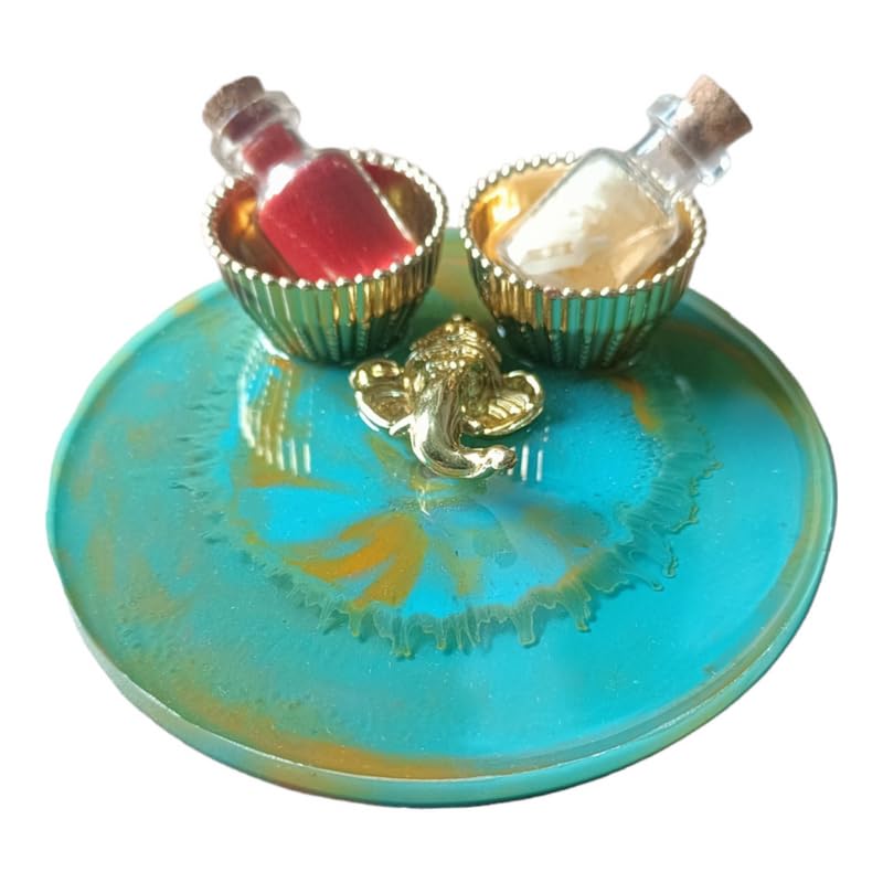 ART2ARTIST Handmade Tilak Platter | Pooja Tilak Thali | Roli Chawal Plate for Wedding Gift, Rakhsha Bhandhan, Bhai Dooj Decorative Platter Set for Laxmi/Ganesh Pooja (Light-Blue) 4 Inch - Pooja Needs | Buy online on ZillyBuy