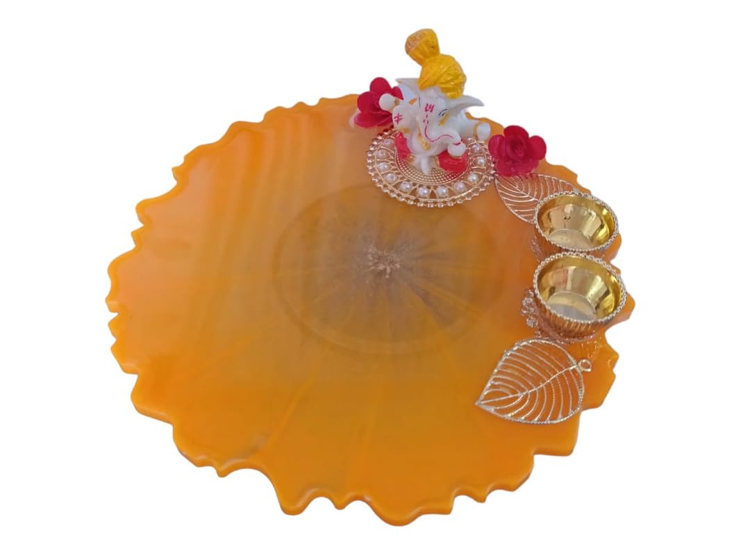 ART2ARTIST Handmade Big Pooja Aarti Thali/Plate Decorative Set for Temple Mandir Wedding Rakhi Diwali House Warming Return Gift | 8 Inch (Orange) - Pooja Needs | Buy online on ZillyBuy