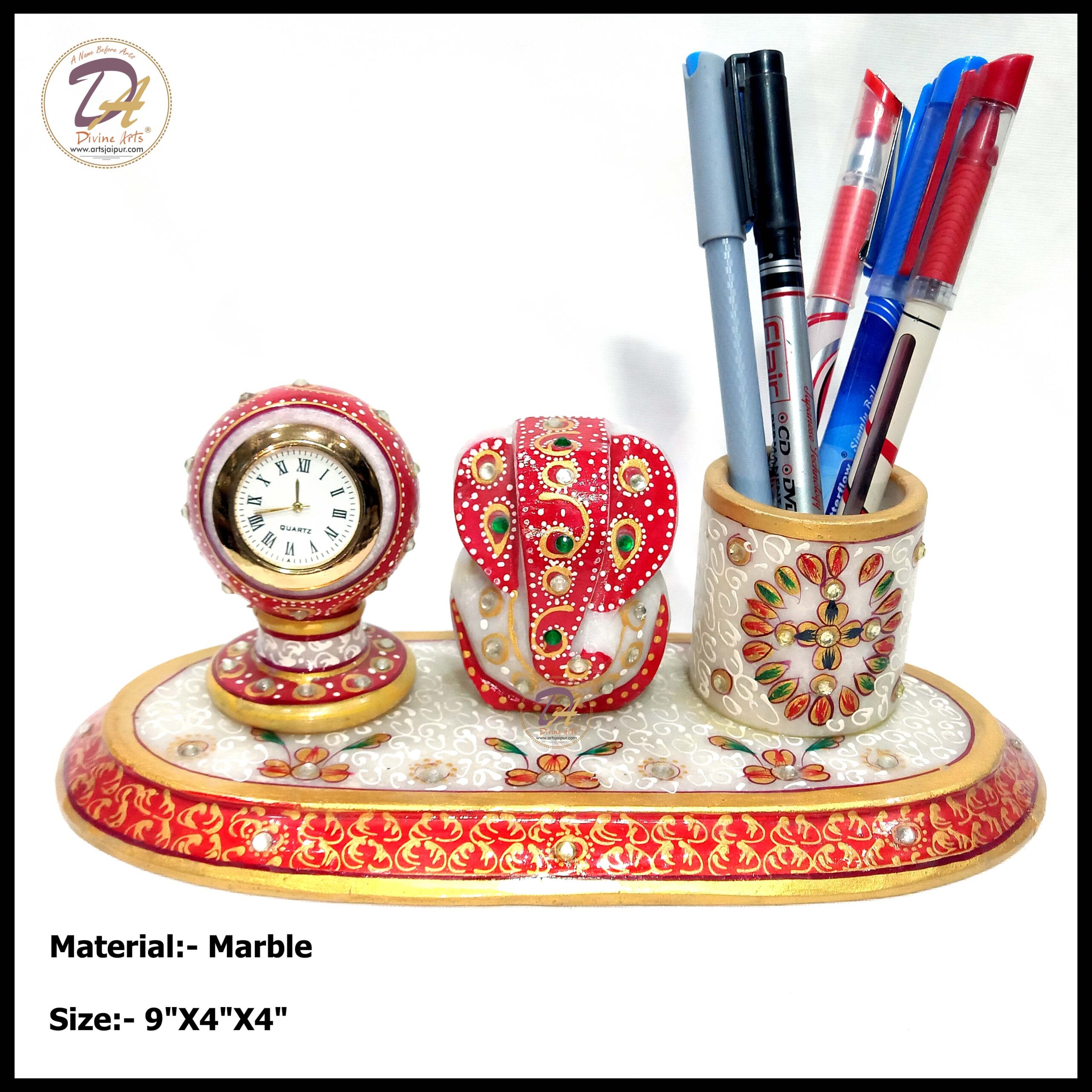 Marble Clock Pen Stand With Ganesha white