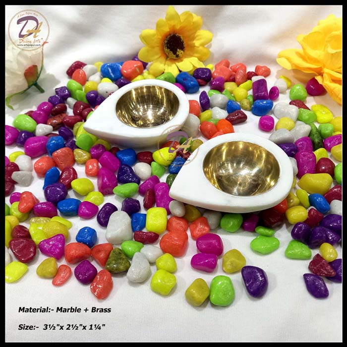 Marble Diya Pair with Brass Katori white