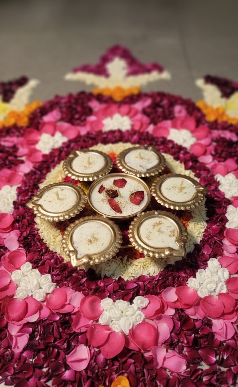 6 diya metal urli candle with a bowl in middle for rangoli diwali ganpati and festival