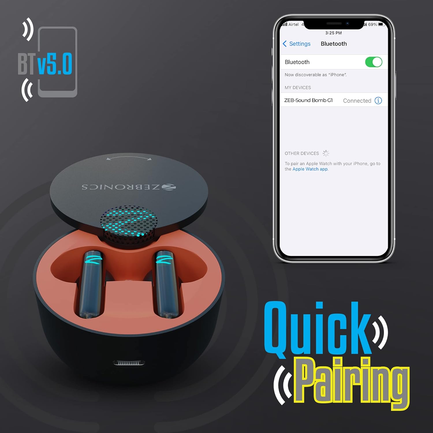 ZEBRONICS Sound Bomb G1 Gaming Bluetooth True Wireless Stereo in Ear Earbuds, 50Ms Low Latency, AAC Support, Flash Connect, Deep Bass, Splash Proof, Voice Assistant, Bt V5.0 with Mic (Black + Red)