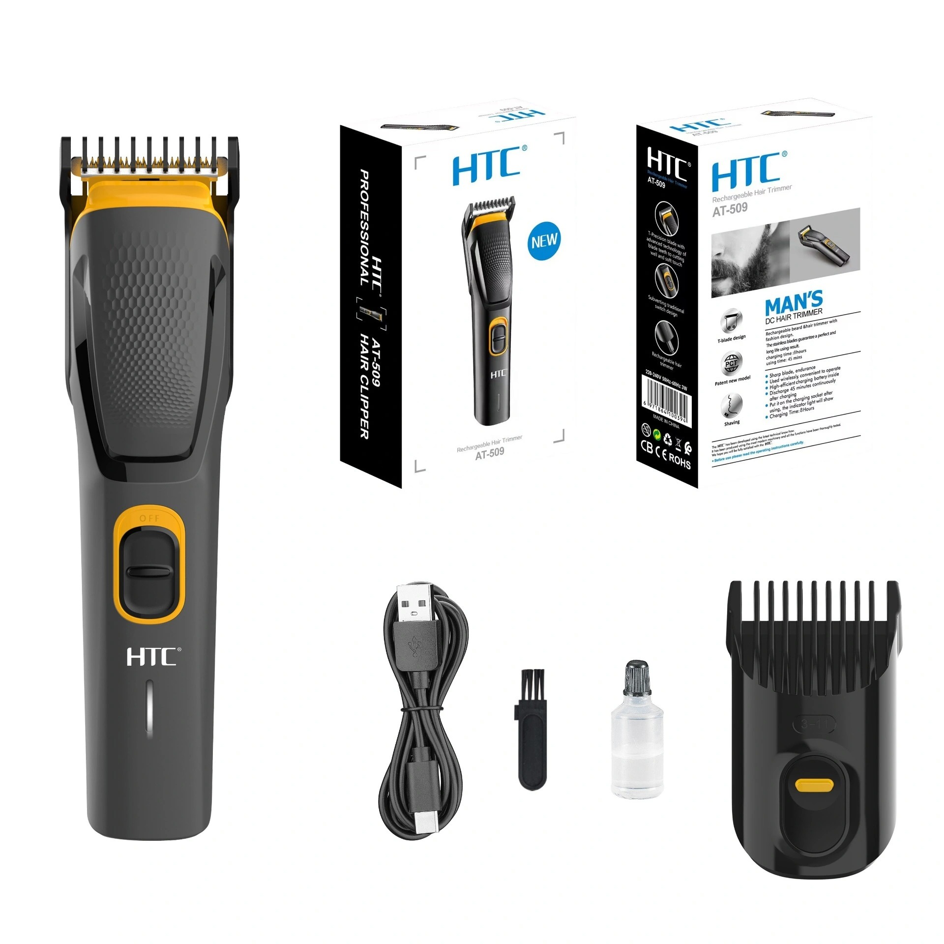 HTC AT-509 Professional Rechargeable Hair Trimmer for Men | Cordless Beard and Hair Clipper with Adjustable Comb and USB Charging