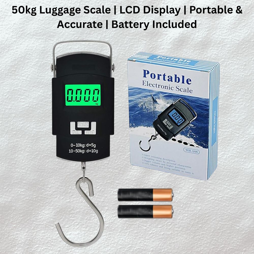 50kg Digital Luggage Weighing Scale  Portable Electronic Weight Machine for Travel & Flights | Handheld Suspension Scale with LCD Display, Auto-Off & Batteries Included (Black) - Electricals | Buy online on ZillyBuy