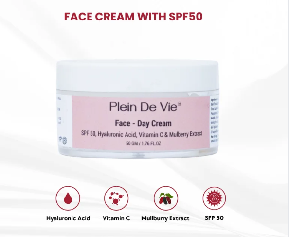 Face Day Cream SPF 50, Hyaluronic Acid, Vitamin C & Mulberry Extract - 50gms