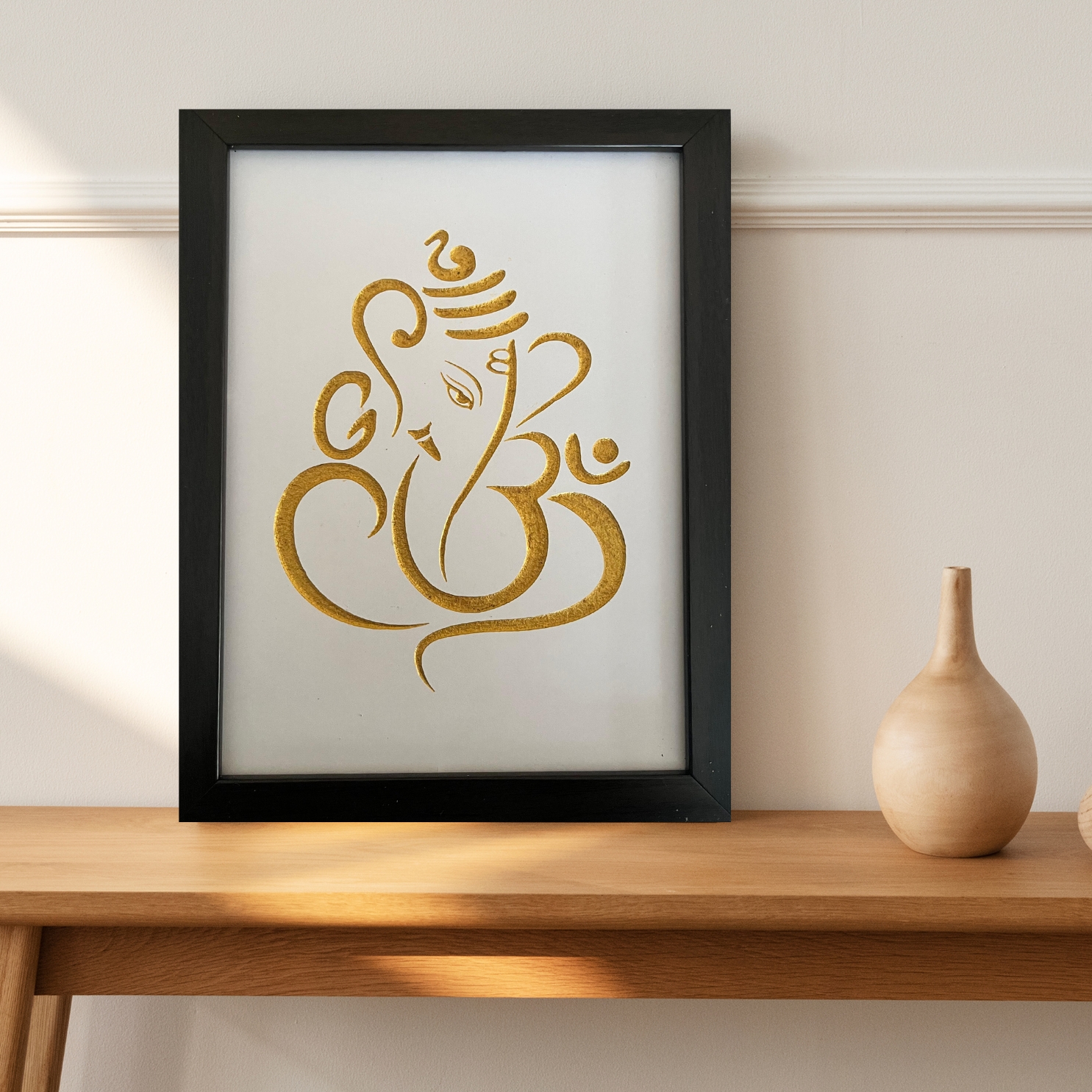 Wooden Engraved Lord Ganesha Picture white